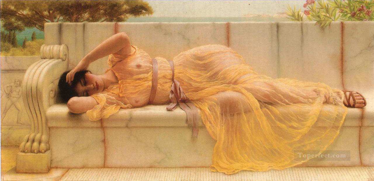 黄色いカーテンを着た少女 新古典主義の女性 ジョン・ウィリアム・ゴッドワード油絵